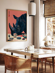 Rhinoceros head in blue, with a tea cup and pot in red and white, on a pink background, Japanese, in a styled room mockup