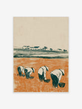 Illustrative print of four figures in conical hats working in an orange rice paddy field with distant farm houses