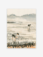 Rice paddy field art print with two farmers planting seedlings in water and misty hills behind