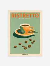 Ristretto coffee poster with orange cup, saucer, spoon, coffee beans and bold typography on green background