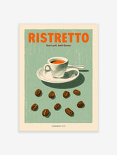 Ristretto coffee poster with orange typography, white cup and saucer, scattered beans on teal background