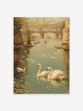 Impressionist river landscape painting with swans, boats, and a stone bridge leading to a city skyline.