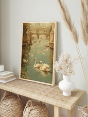 Impressionist river landscape painting with swans, boats, and a stone bridge leading to a city skyline. - Image 3