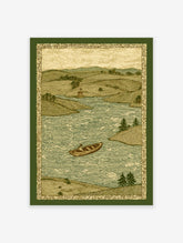 Vintage river landscape print featuring a person in a rowboat on water, surrounded by rolling hills and trees.