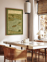 Vintage river landscape print featuring a person in a rowboat on water, surrounded by rolling hills and trees. - Image 2