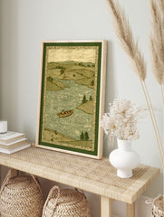 Vintage river landscape print featuring a person in a rowboat on water, surrounded by rolling hills and trees. - Image 3