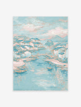 Textured river village painting with pastel teal and pink houses, bridge, boats on water, and mountains under a cloudy sky