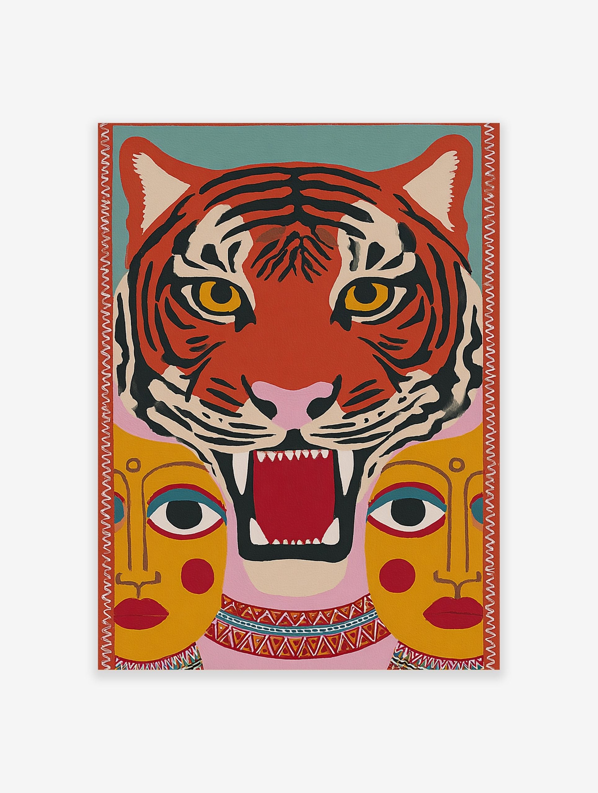 Stylised roaring tiger face with two yellow human faces below, in a vibrant folk art inspired print