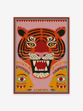 Stylised roaring tiger face with yellow eyes and two abstract human faces on a pink background, folk art print