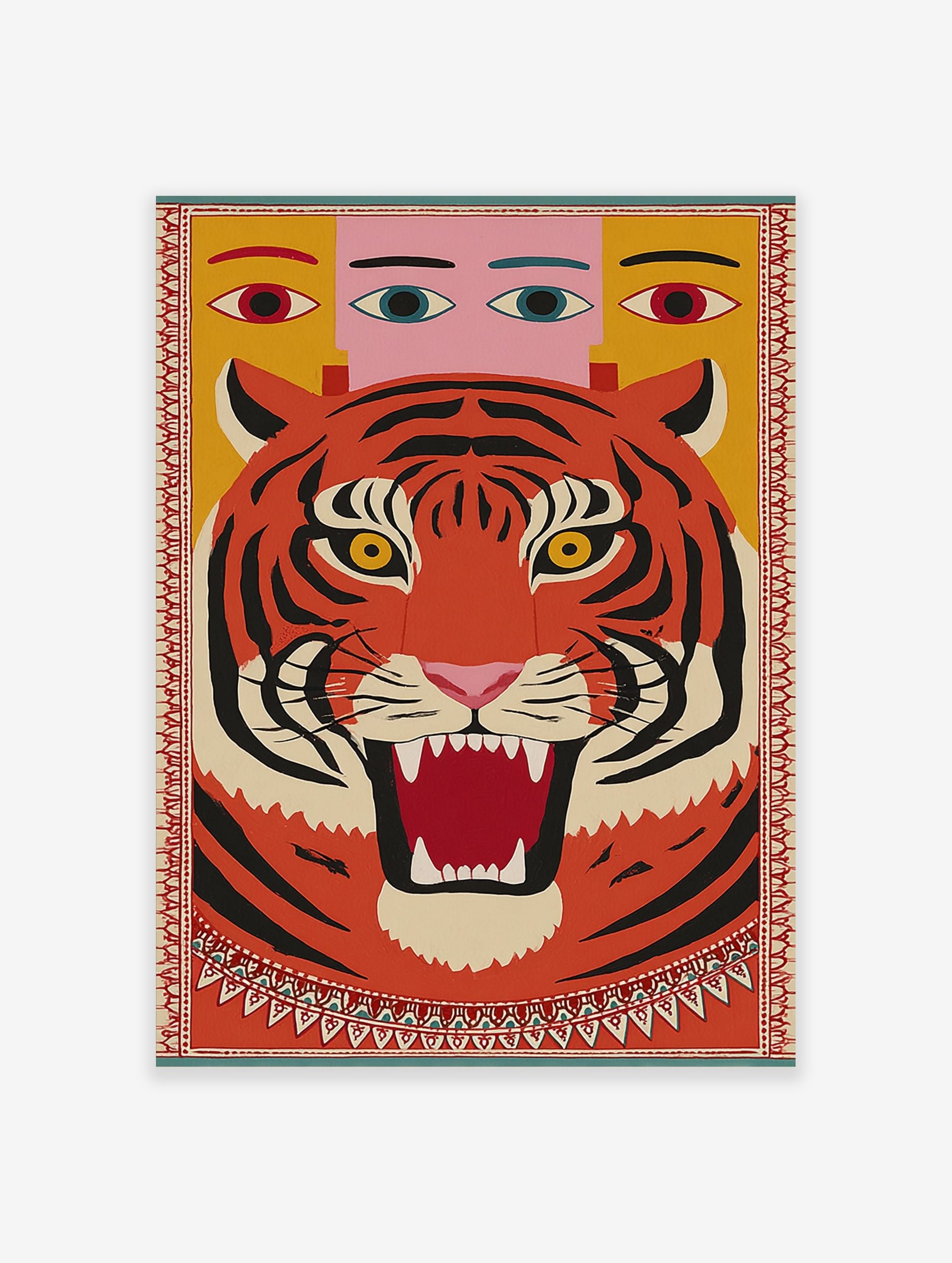 Roaring tiger head with black stripes and yellow eyes, human-like eyes above, framed by a decorative border