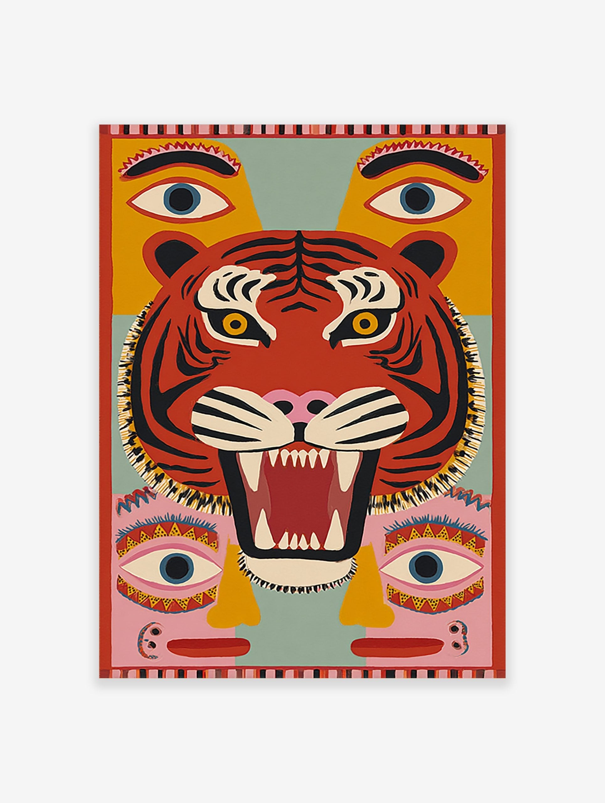Illustrative roaring tiger head wall art with red, black stripes, yellow eyes, and additional blue eyes on yellow and pink