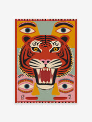Illustrative roaring tiger head wall art with red, black stripes, yellow eyes, and additional blue eyes on yellow and pink