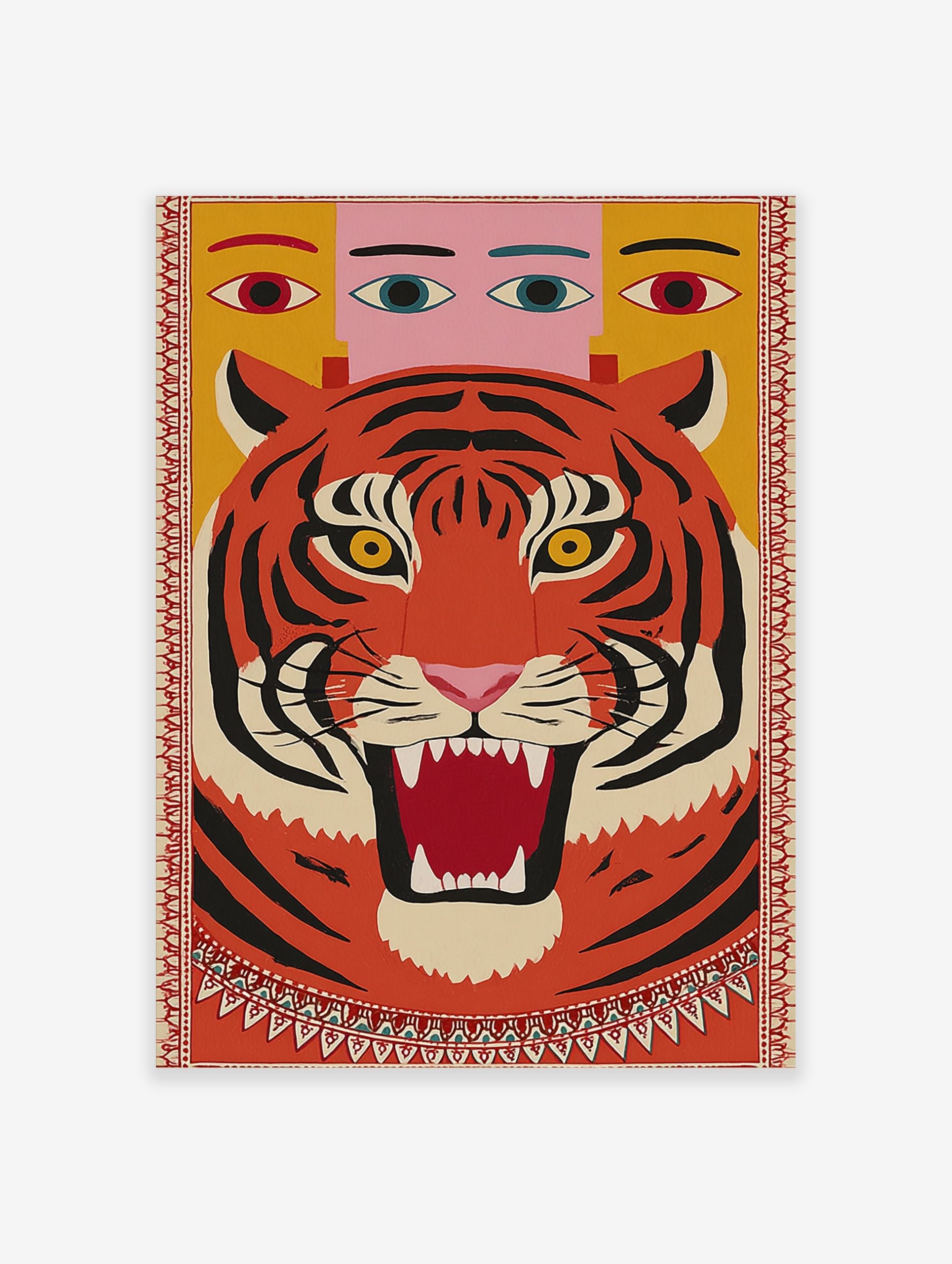 Bold illustrative roaring tiger wall art with multi-eyed figure on yellow background, framed by decorative border