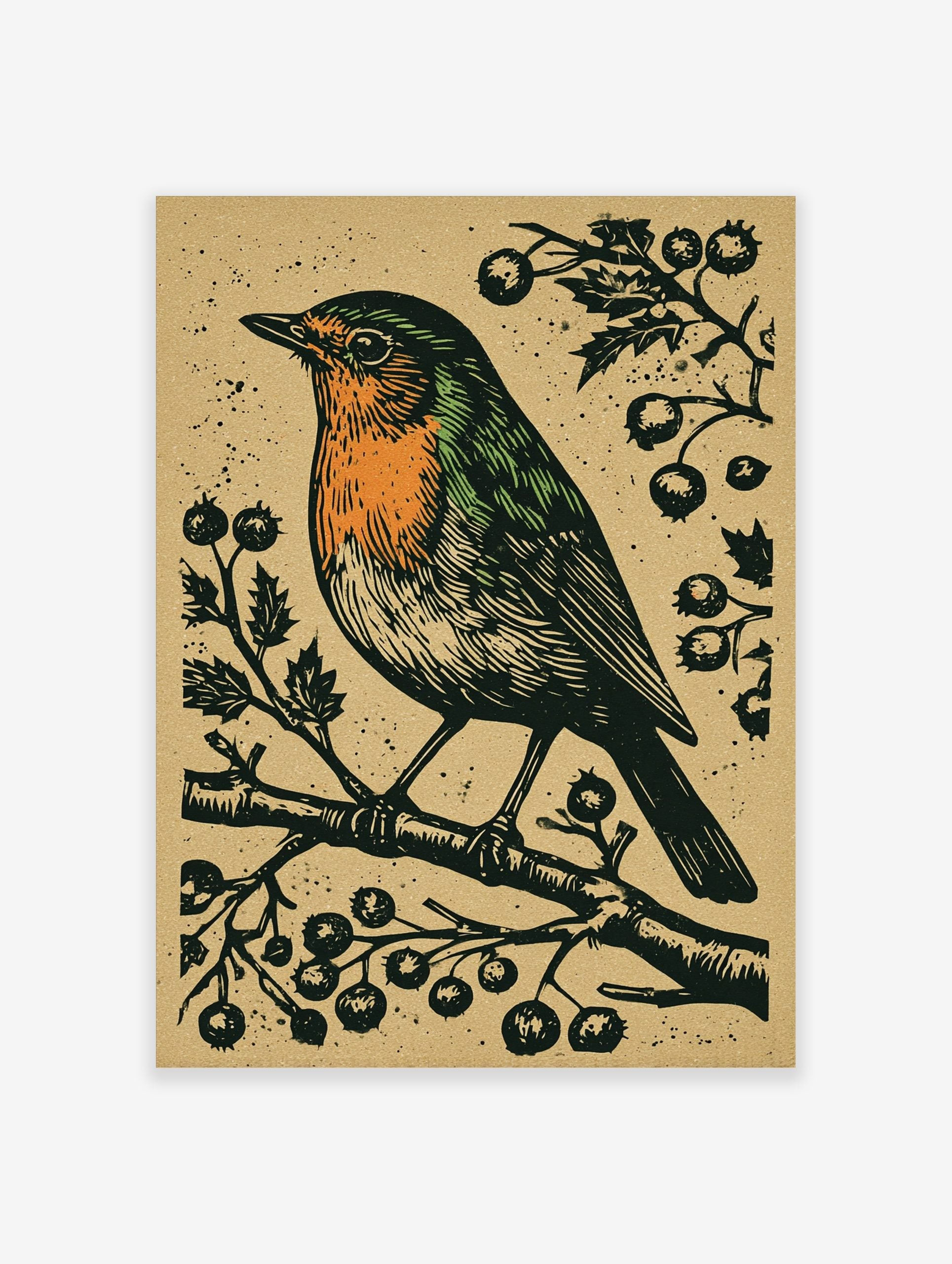 Linocut style art print of a robin bird with an orange breast, perched on a branch with dark berries and green leaves