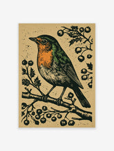 Linocut style art print of a robin bird with an orange breast, perched on a branch with dark berries and green leaves