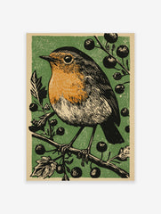 Linocut style illustration of a robin bird with orange breast on a berry branch, green background