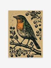 Linocut style art print of a robin bird with orange breast on a berry branch, textured beige background