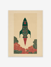 Illustrative rocket art print in green and red with cultural patterns, launching amidst stylized clouds on a beige background.