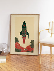 Illustrative rocket art print in green and red with cultural patterns, launching amidst stylized clouds on a beige background. - Image 2