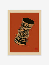 Rocket engine poster with black bell nozzle, pipework, and red background