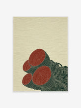 Stylized illustration of rocket engines in red and dark green on a light textured background, industrial sci-fi art print.
