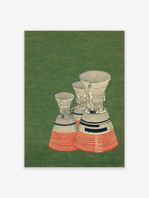Illustration of three detailed rocket engines with red stripes and black accents against a textured green background, retro style.