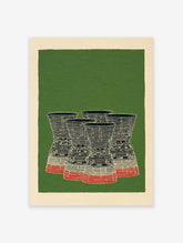 Illustration of five rocket engine nozzles in black, white, and red on a green background with a cream border, retro rocket engine wall art.