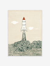 Retro rocket launch poster with white rocket, red nose cone and green clouds on cream background