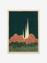 Illustrated rocket launch poster with three rockets ascending into a dark blue sky above orange smoke and green trees.