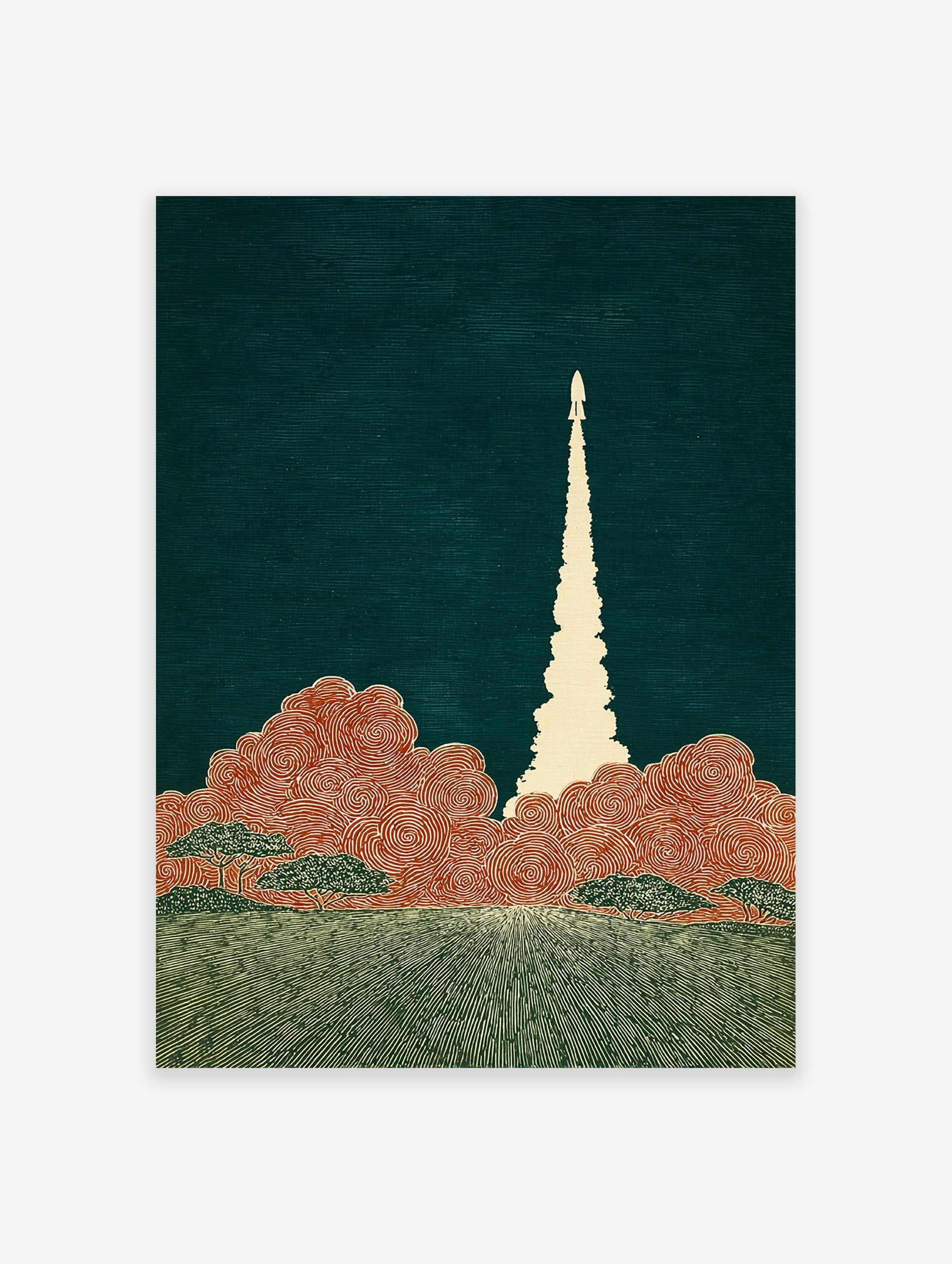 Stylized Rocket Launch Wall Art with a white rocket, orange clouds, and green ground against a dark teal background.
