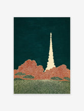 Stylized Rocket Launch Wall Art with a white rocket, orange clouds, and green ground against a dark teal background.