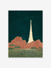 Stylized Rocket Launch Wall Art with a white rocket, orange clouds, and green ground against a dark teal background.