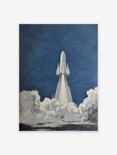 Vintage style illustration of a white rocket launching into a dark blue sky with white clouds below, a classic rocket launch wall art.