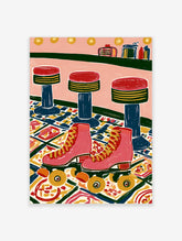 Pink roller skates with yellow laces on checkered floor, red bar stools behind, retro diner illustration print