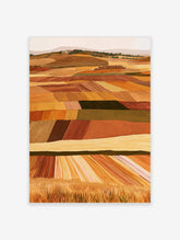 Rolling fields landscape art print with orange, yellow, and brown textured harvest fields in an illustrative style