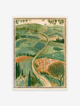 Illustrative landscape art print with green rolling hills, a winding path, and cypress trees