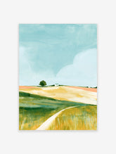 Pastel landscape poster of rolling hills with a lone tree, white cottage, and winding path under a blue sky
