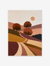 Minimalist landscape art print with rolling hills, three stylized trees, and a sun in earthy tones