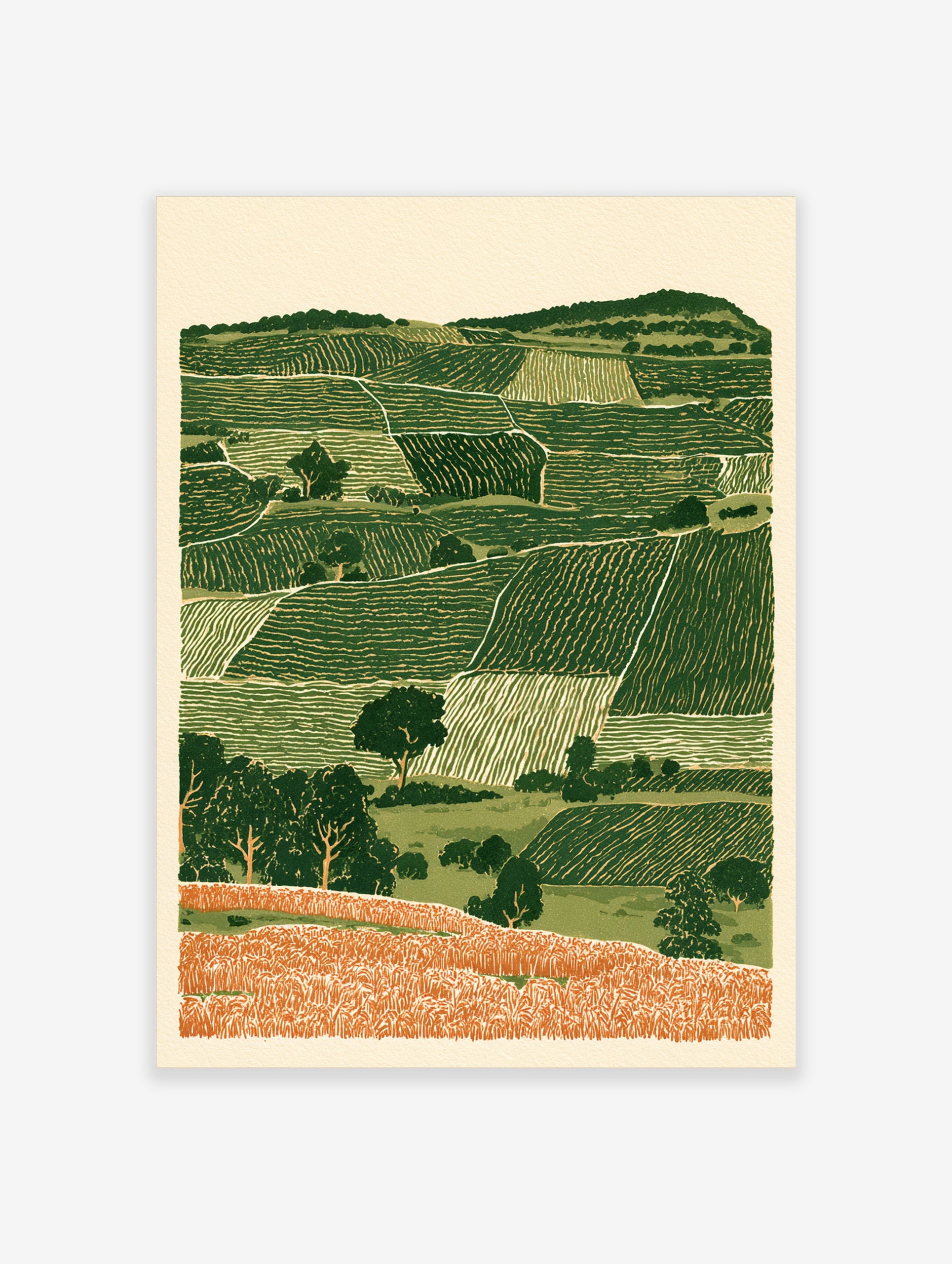 Rolling hills landscape wall art with layered green fields and orange foreground in an illustrative print style