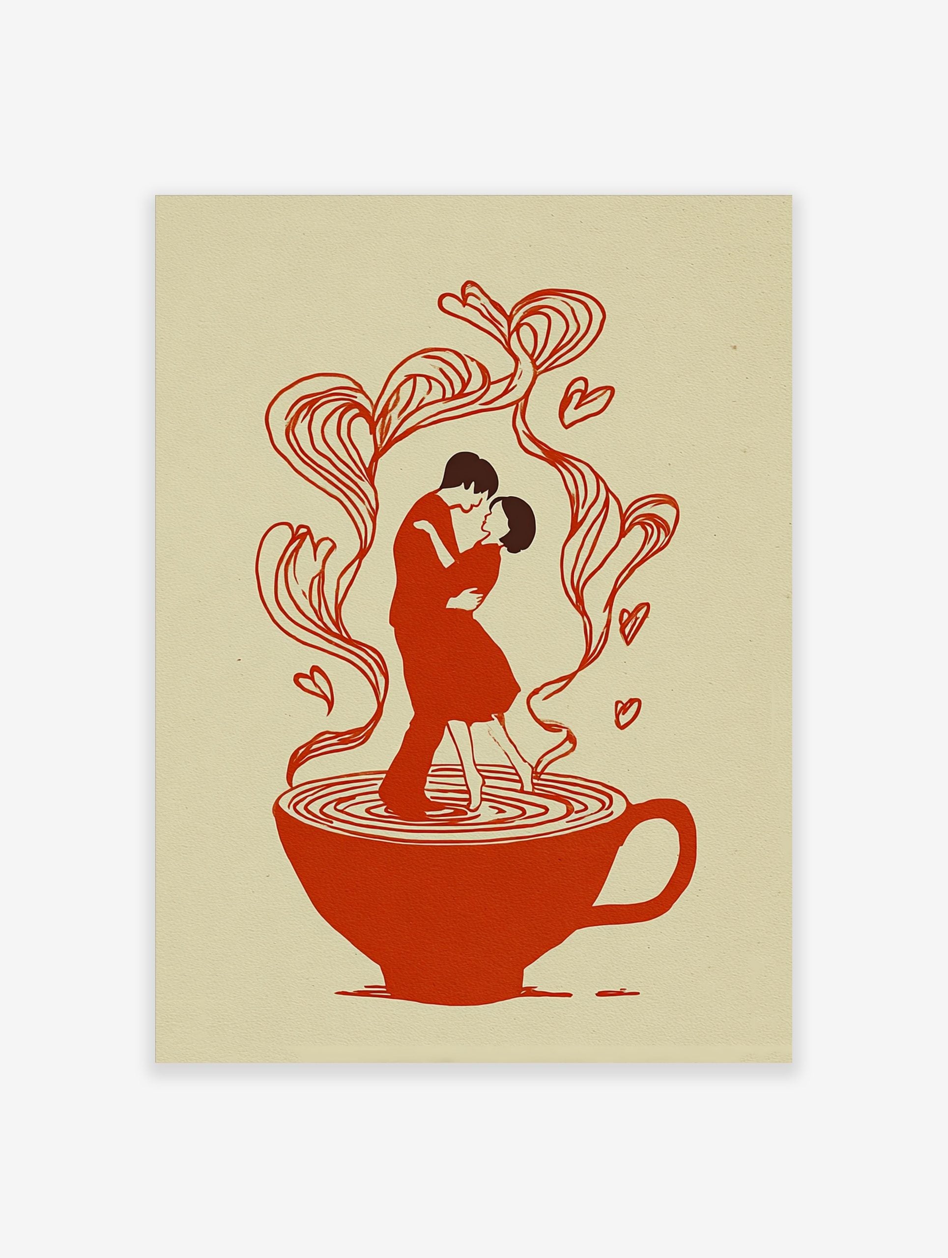 Illustrative art print of a couple dancing in a red teacup, with heart-shaped steam rising around them on a cream background