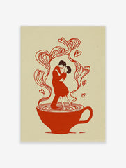 Illustrative art print of a couple dancing in a red teacup, with heart-shaped steam rising around them on a cream background