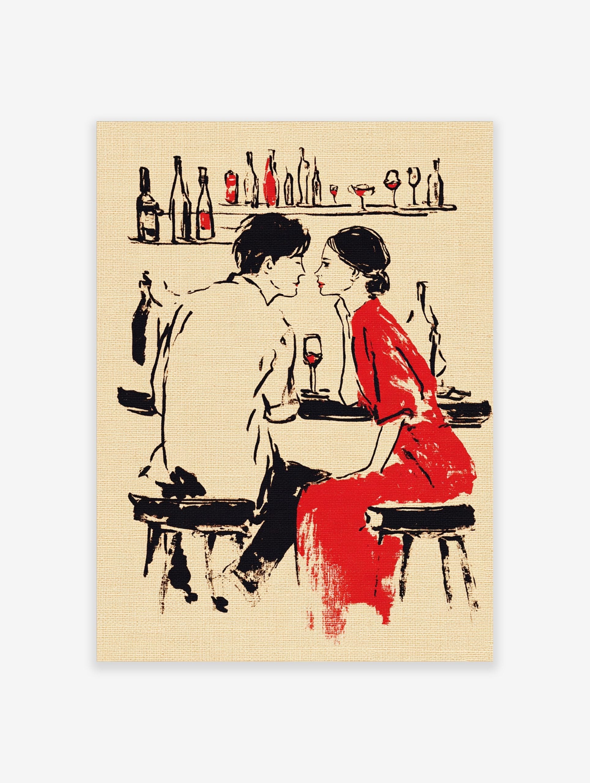 Romantic couple illustration at a bar, woman in red dress, man in white shirt, wine glass, black and red palette