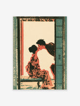 Romantic kiss poster of a Japanese couple in patterned robes framed by teal shutters and coral accents