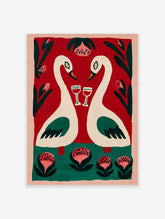 Romantic folk art painting of two cream swans with wine glasses, red background, green foliage, pink flowers