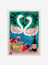 Illustrative print of two white swans forming a heart on teal water, with a picnic spread of wine, cake, and fruit