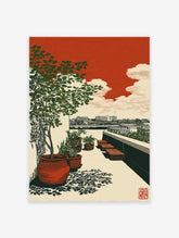 Japanese woodblock style art print of a rooftop garden with green potted plants, benches, and city skyline under a red sky.