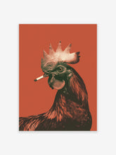 A striking Rooster Smoking Poster, a surreal illustration of a rooster with a cigarette against a vibrant orange background.