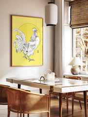 Black and white line art illustration of a rooster on a bright yellow background, with a circular element. Rooster wall art. - Image 3