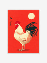 Japanese Rooster Wall Art print with a white rooster, black tail, and yellow sun on a vibrant red background.