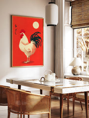 Japanese Rooster Wall Art print with a white rooster, black tail, and yellow sun on a vibrant red background. - Image 3